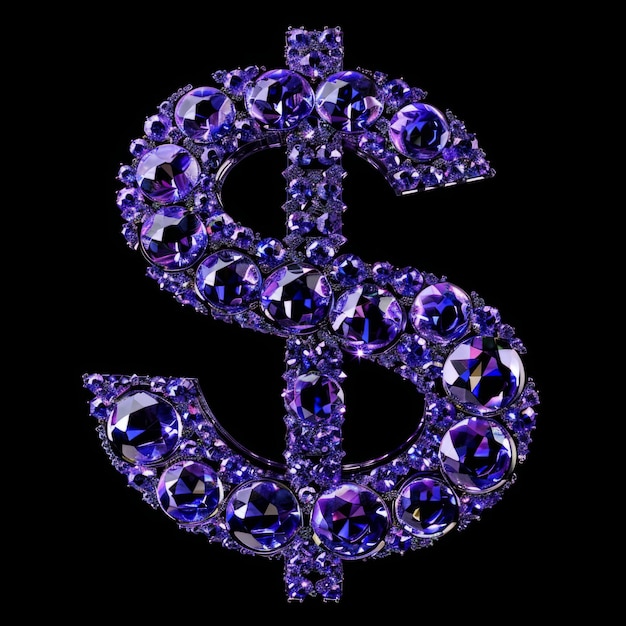Zdjęcie znak dolara kryształu tanzanitu izolowany na czarnym tle
