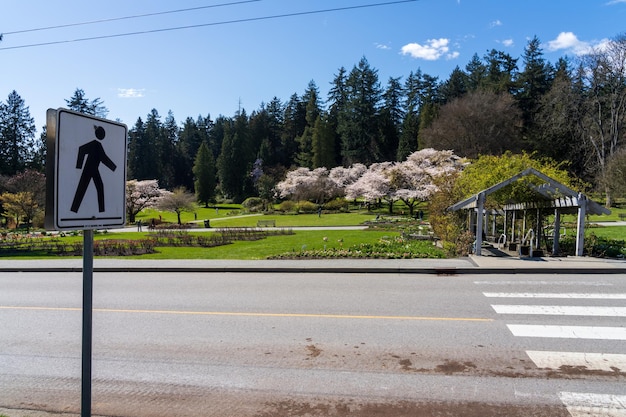 Znak drogowy dla pieszych w Stanley Park wiosną Vancouver BC Kanada