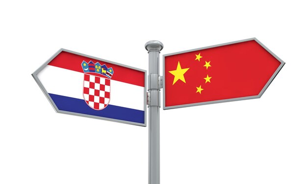 Znak flagi Chin i Chorwacji poruszający się w innym kierunku Renderowanie 3D
