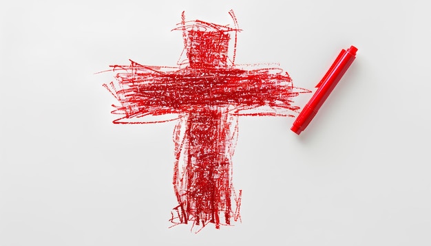Zdjęcie znak krzyża narysowany czerwonym znacznikiem izolowanym na białym widoku górnym