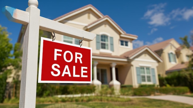 Znak NA SPRZEDAŻ domu w tle sprzedaż zakupu nieruchomości napis na znaku na sprzedaż Propozycja handlowa Stary domek