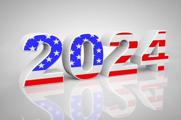 Zdjęcie znak nowego roku 2024 jako flaga usa na szarym tle renderowania 3d