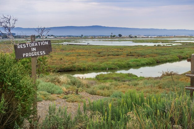 Zdjęcie znak przywrócenia na terenach podmokłych w alviso marsh don edwards ostoi dzikiej przyrody na południe od zatoki san francisco w kalifornii