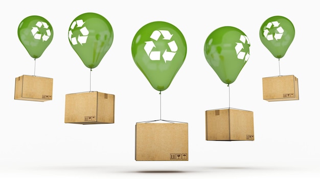 Znak recyklingu na zielonym błyszczącym balonie i tekturze