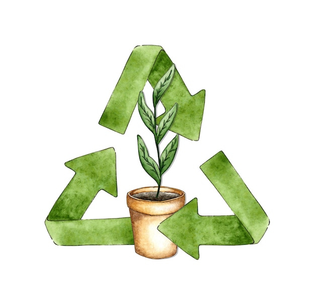 Zdjęcie znak recyklingu śmieci i akwarela roślina doniczkowa