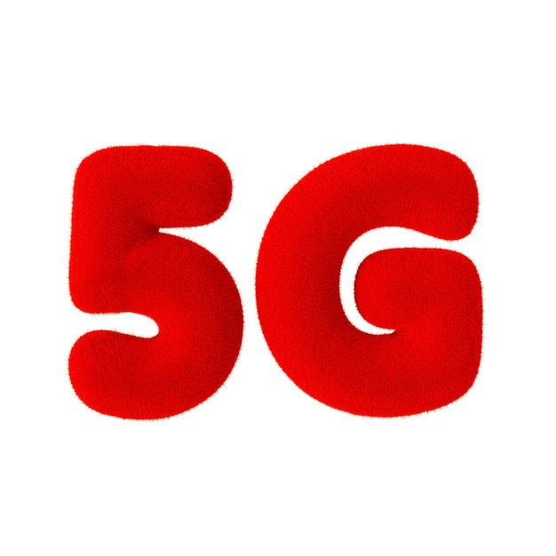 Znak sieci 5G jako czerwone futro na białym tle. Renderowanie 3D