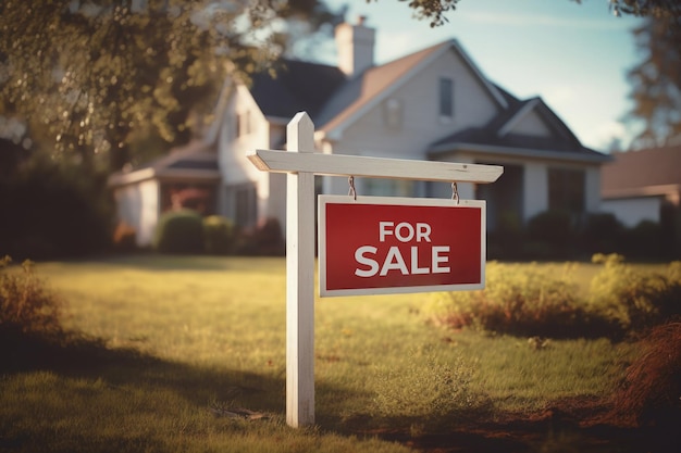 Znak sprzedaży w pobliżu amerykańskiego domu rodzinnego na przedmieściach Rynek nieruchomości Utworzono za pomocą Generative AI