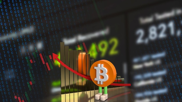 Znak symbolu bitcoina i strzałka wykresu w górę dla koncepcji biznesowej lub technologicznej renderowania 3d