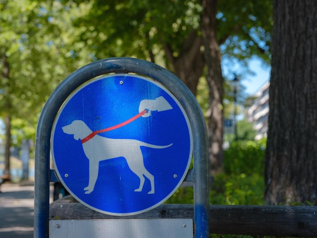 Znak w parku oznaczający wyprowadzanie psa tylko na smyczy