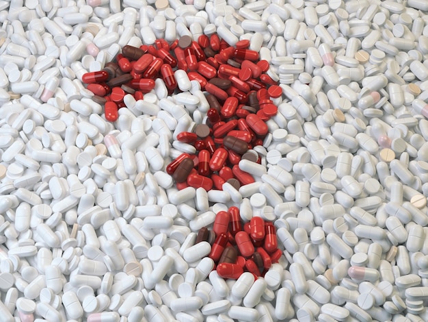 Znak zapytania z czerwonych pigułek i kapsułek na białym tle Koncepcja zagadnień medycznych i leków