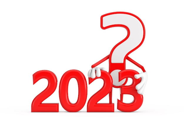 Znak zapytania znak postać z kreskówki osoba maskotka z czerwonym znakiem nowego roku 2023 renderowanie 3d