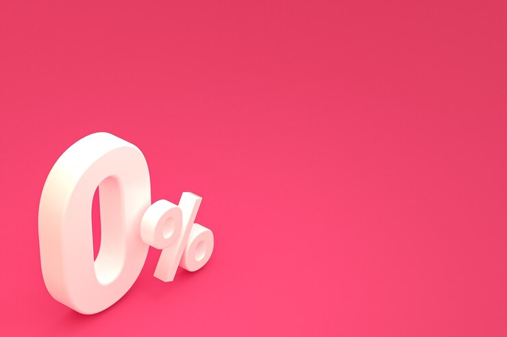 Zdjęcie znak zero procent i wyprzedaż na różowym tle ze specjalną stawką promocyjną. renderowanie 3d