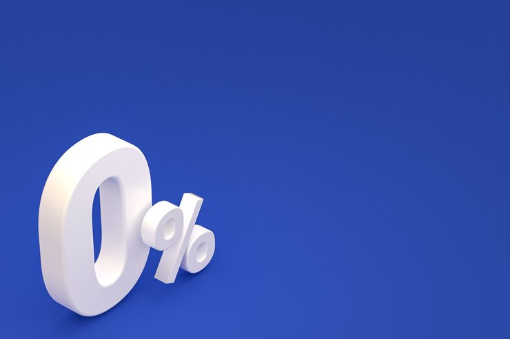 Zdjęcie znak zero procent i zniżka sprzedaży na niebieskim tle ze specjalną stawką oferty. renderowanie 3d
