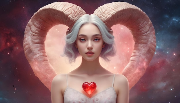 Znak zodiaku Baran horoskop miłości piękna kobieta z rogami wszechświat tło czerwone serce