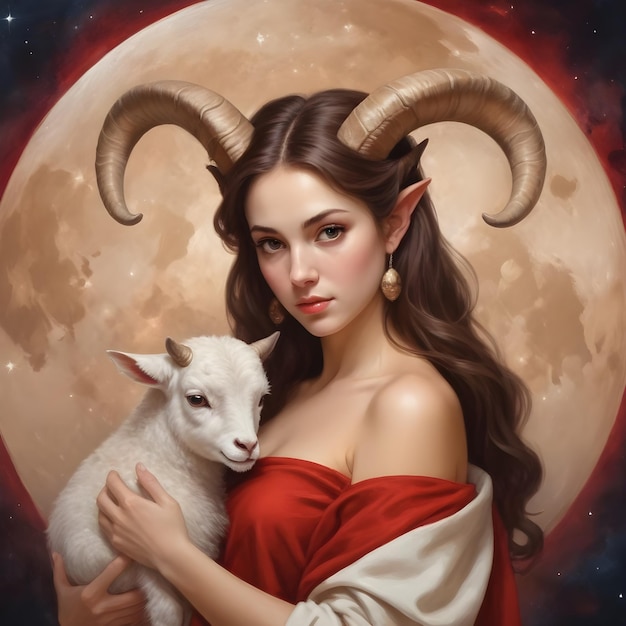 Znak zodiaku Baran kobieta trzymająca kozę