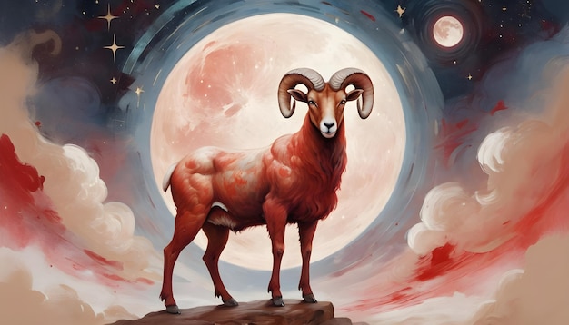 Znak zodiaku Baran owieczka z pełnią księżyca w tle