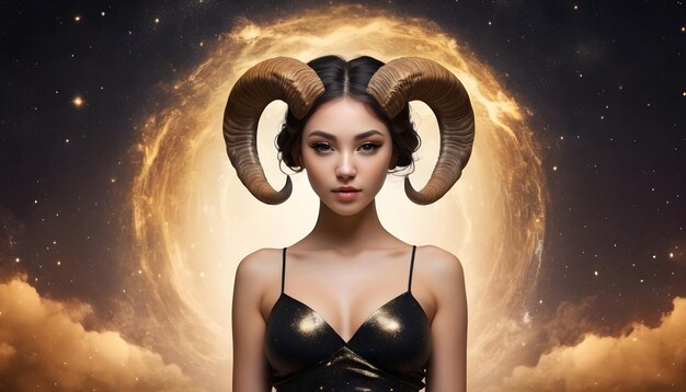 Znak zodiaku Baran piękna kobieta wszechświat tło złoty i czarny kolor