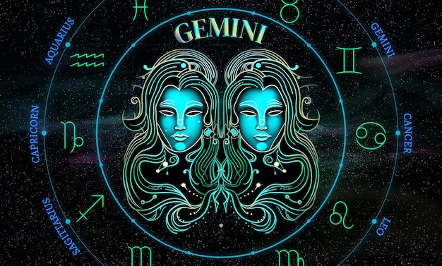 Znak zodiaku Bliźniacy Ilustracja symbolu Gemini z horoskopu nad kosmosem