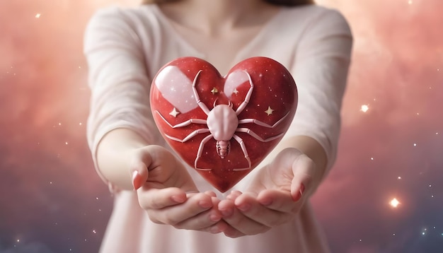 Znak zodiaku Rak piękna kobieta trzymająca w ręku astrologiczny rak horoskop miłości serce