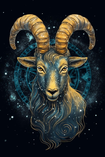 Znak zodiaku z głową kozła i napisem „zodiak”.