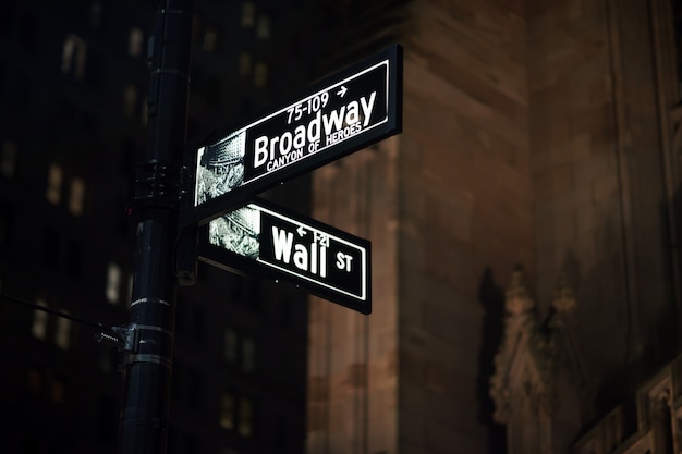 Zdjęcie znaki na broadwayu i wall street w nocy, manhattan, nowy jork