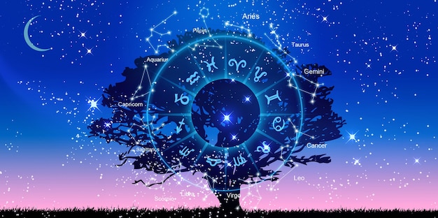 Znaki zodiaku wewnątrz okręgu horoskop. Astrologia na niebie, koncepcja horoskopów