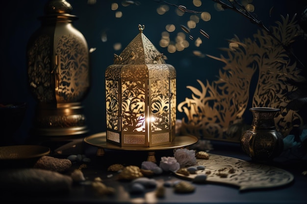 Znakomity obraz karty Ramadan Kareem ze skomplikowanymi złotymi detalami i ciepłymi złotymi odcieniami