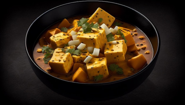 Znakomity przysmak tradycyjnego indyjskiego masła paneer masala w misce na czarnym tle