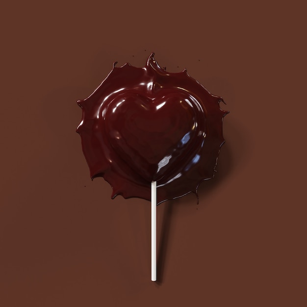 Znakomity stopiony czekoladowy kształt serca Candy lollipop kropla na brązowym tle Render 3D Minimalny pomysł Valentine Concept