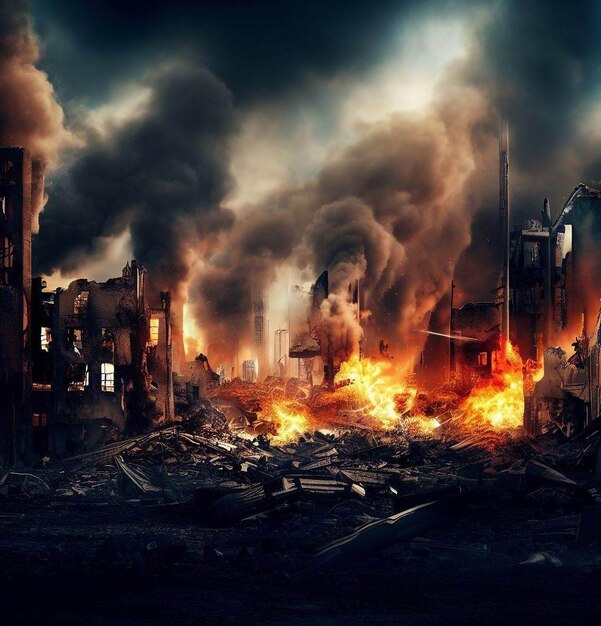 Zniszczenie miasta przez pożary, wybuchy i zawalenie się budowli Koncepcja wojny i katastrofy