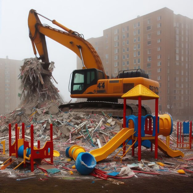 Zniszczenie placu zabaw za pomocą sprzętu budowlanego