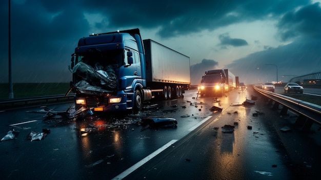 Zdjęcie zniszczona ciężarówka na autostradzie wieczorem generatywna sztuczna inteligencja