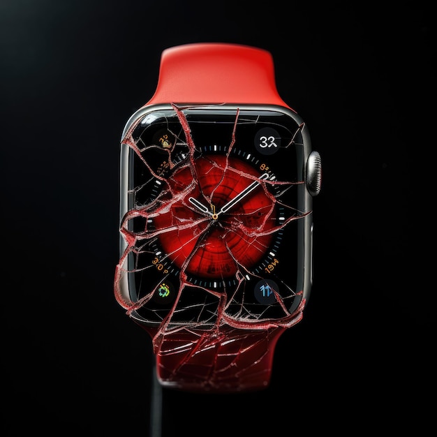 Zniszczona elegancja Uderzający kontrast pękniętego ekranu Apple Watch z odważnym czerwonym silikonem W