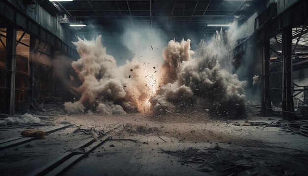 Zdjęcie zniszczona fabryka, ogień, piekło płonącej stali i zniszczenie generowane przez sztuczną inteligencję.