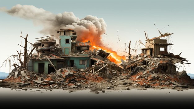 Zniszczone budynki po trzęsieniu ziemi na przezroczystym tle