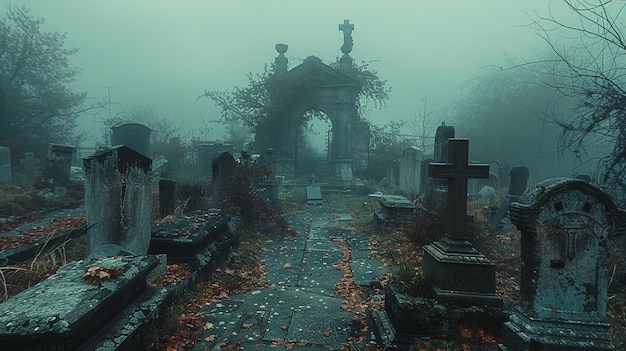 Zniszczone cmentarze pokryte mgłą