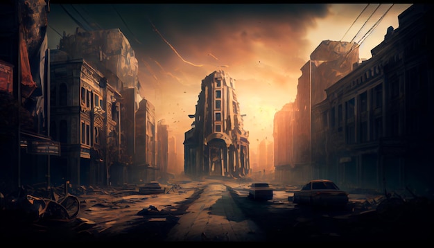 Zniszczone miasto Postapokaliptyczna strefa wojenna stworzona przy użyciu technologii Generative AI