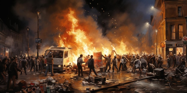 Zniszczone ulice miasta we Francji domy w ogniu ludzie przeciwko prawom policja chroni ulice