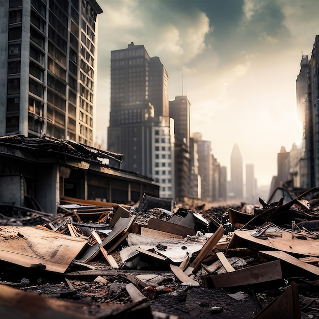 Zniszczony budynek apokaliptyczny krajobraz miejski stworzony za pomocą generatywnej technologii AI