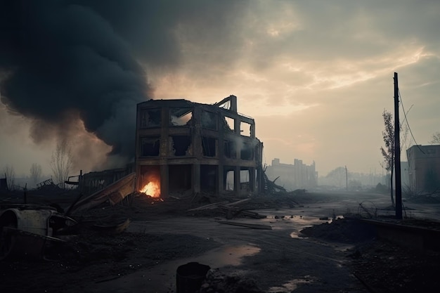 Zniszczony budynek przemysłowy na postapokaliptycznym pustkowiu z dymem unoszącym się z ruin