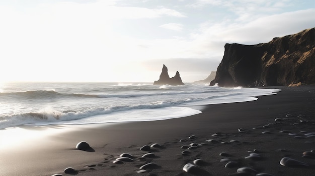 Zobacz fale morskie Atlantyku w Islandii z ciemnym piaskiem. AI Generated