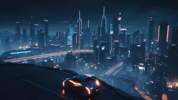 Zobacz hipnotyzującą panoramę miasta nocą, gdzie oświetlone budynki tworzą zapierający dech w piersiach gobelin kolorów Wygenerowane przez AI