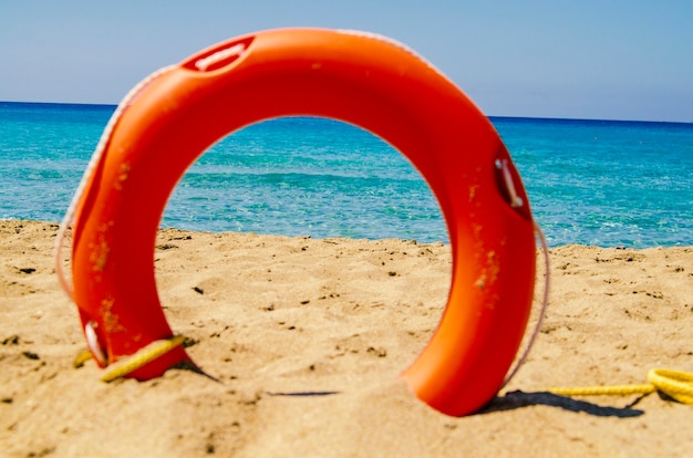 Zobacz krajobraz poprzez pomarańczowy pierścionek z motywem życia w piasku na plaży
