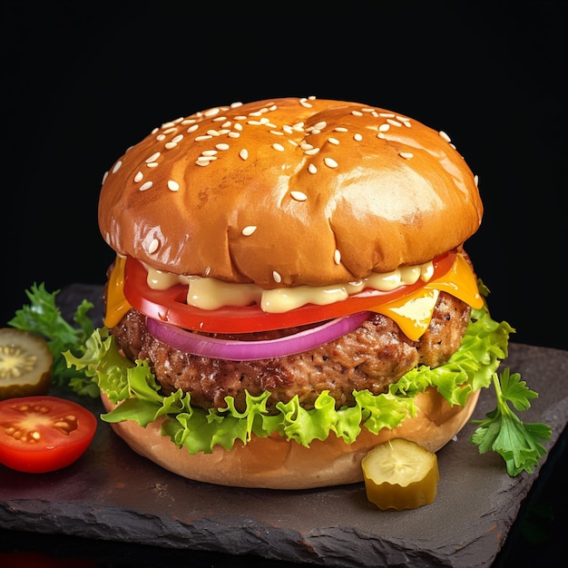 Zobacz kultowy domowy hamburger z wołowiną, serem, sałatką, pomidorem w ciemności dla mediów społecznościowych