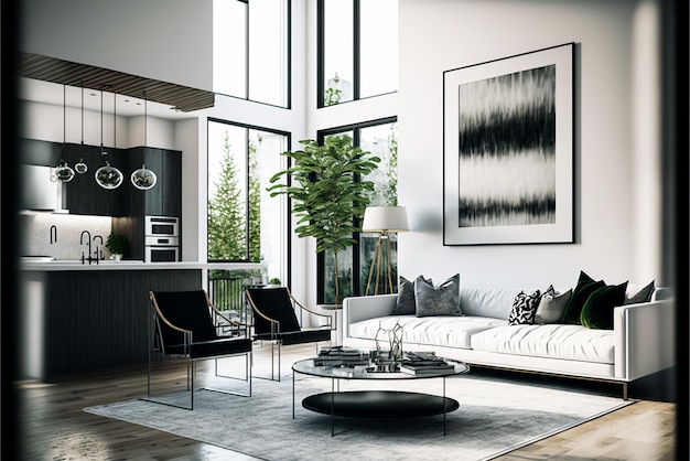 Zobacz wnętrze dużego nowoczesnego luksusowego mieszkania na poddaszu na poddaszu wnętrza salonu z wygodną sofą