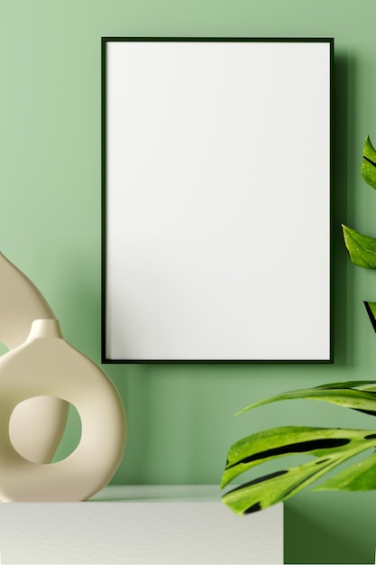 Zobacz wystrój pokoju składający się z ramy i wazonu na zielonym renderowaniu 3d makiety