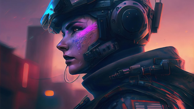 Żołnierz Cyberpunk Piękny cyfrowy portret żołnierza Cyberpunkowy obraz ilustracji w stylu sztuki cyfrowej