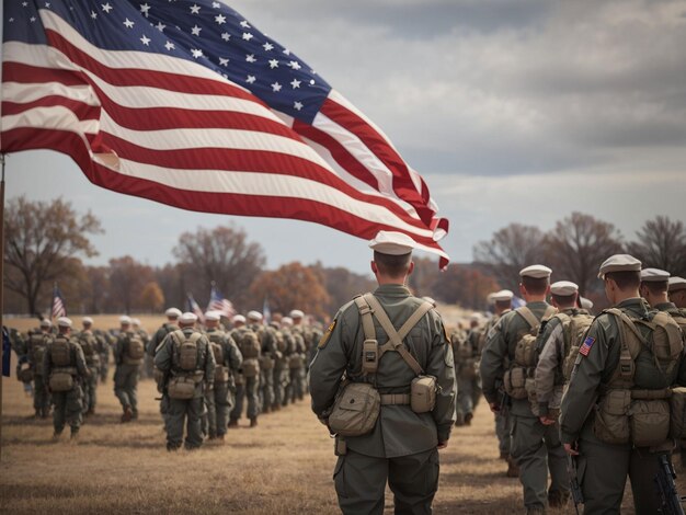 Żołnierz i flaga USA na tle wschodu słońca Koncepcja święta narodowe Dzień flagi Dzień Weteranów Dzień Pamięci Dzień Niepodległości Dzień Patriot