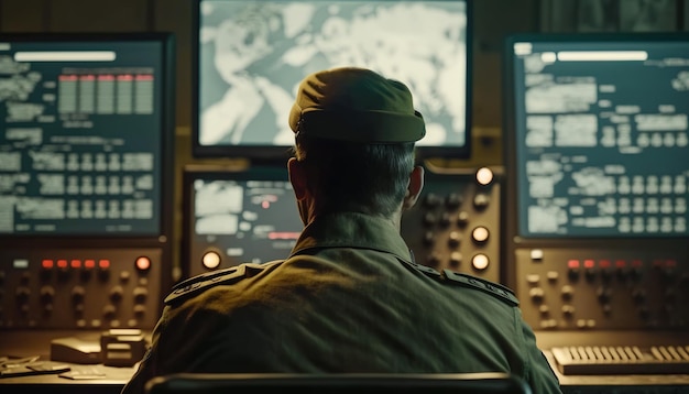 Zdjęcie Żołnierz operacji krytycznych pracujący przy panelu kontrolnym w pokoju wojennym generacyjna sztuczna inteligencja