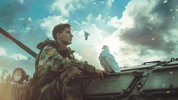 Żołnierz patrzy na pokojowego gołębia pod chmurnym niebem, wywołując nadzieję podczas konfliktu, symboliczny obraz łączący wojnę i pokój, wojskowy strój i pojazd przedstawiający sztuczną inteligencję